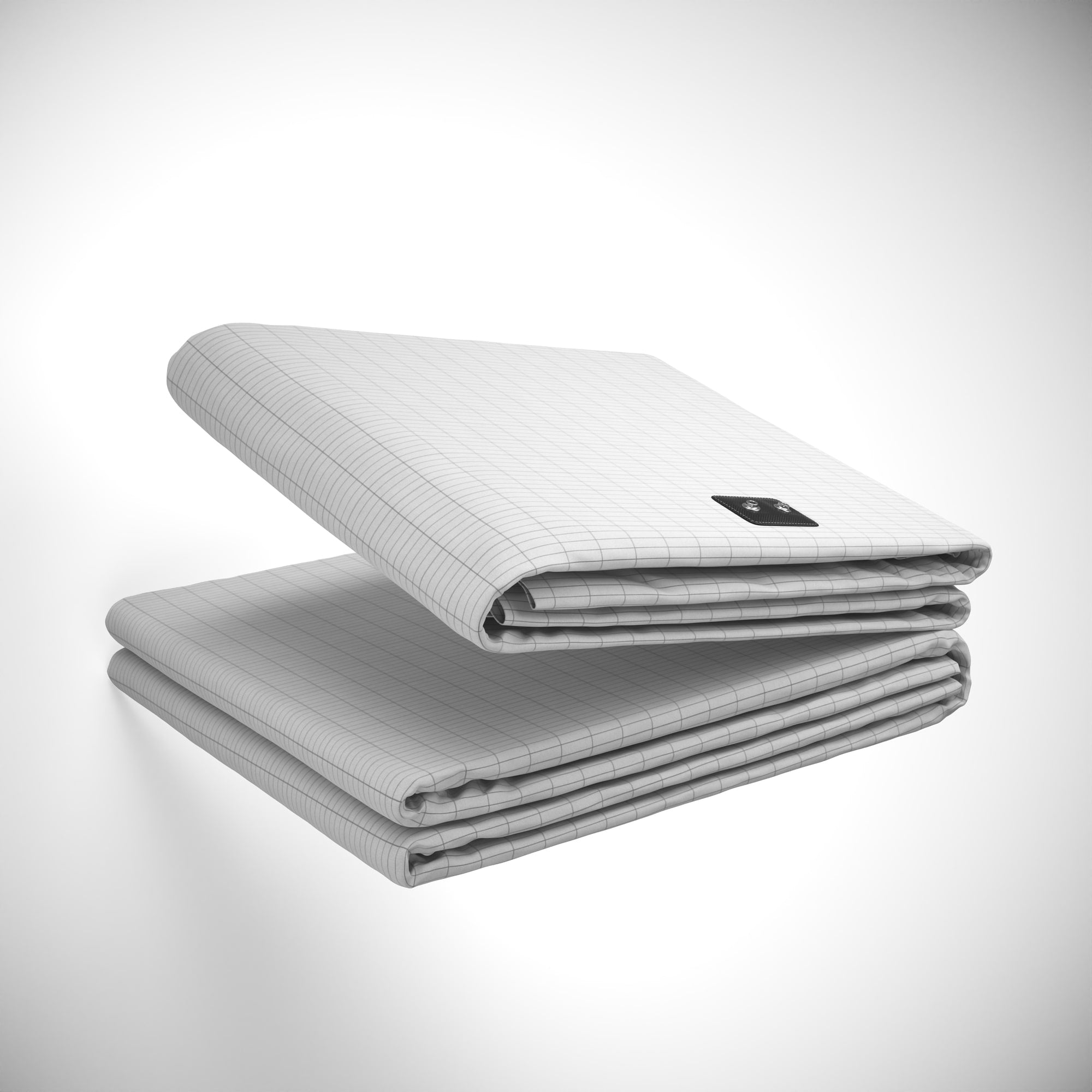 A modern bedroom showcasing grounding bed sheets with a promotional offer.